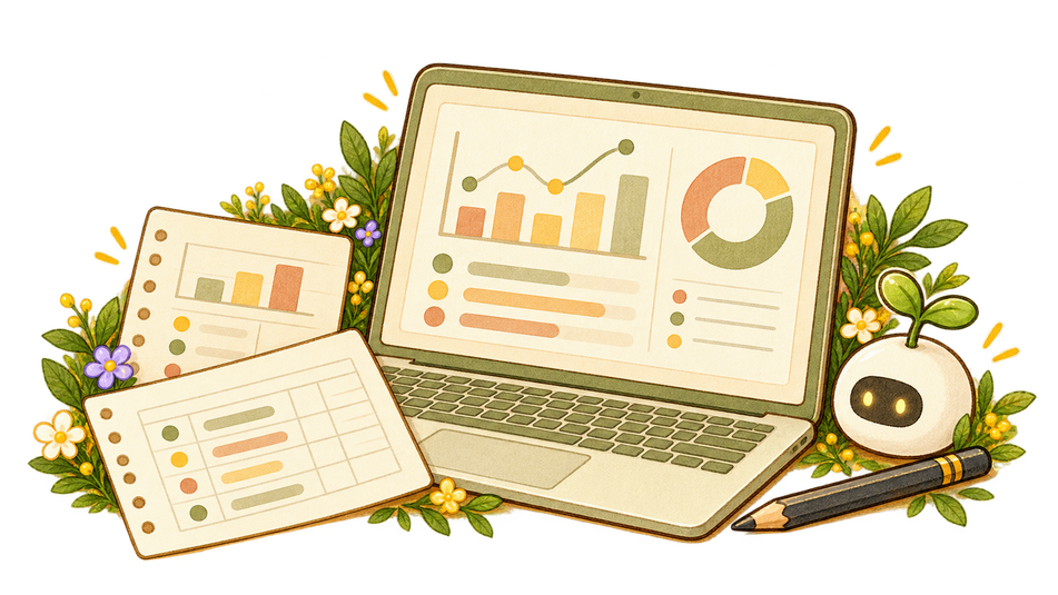 Illustrated laptop, abstract worksheet cards and small AI helper
