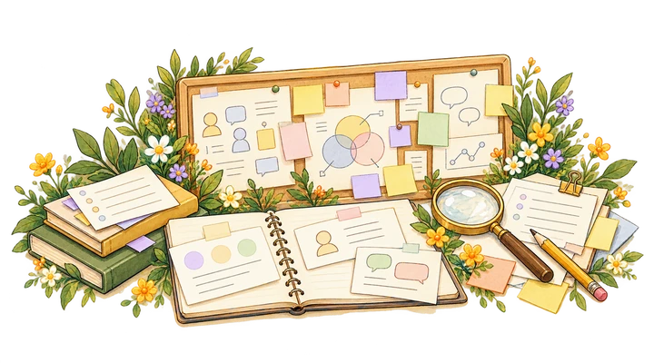 Illustrated research board, interview cards and magnifying glass