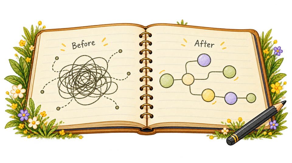 Illustrated notebook showing tangled paths before and a simpler connected flow after