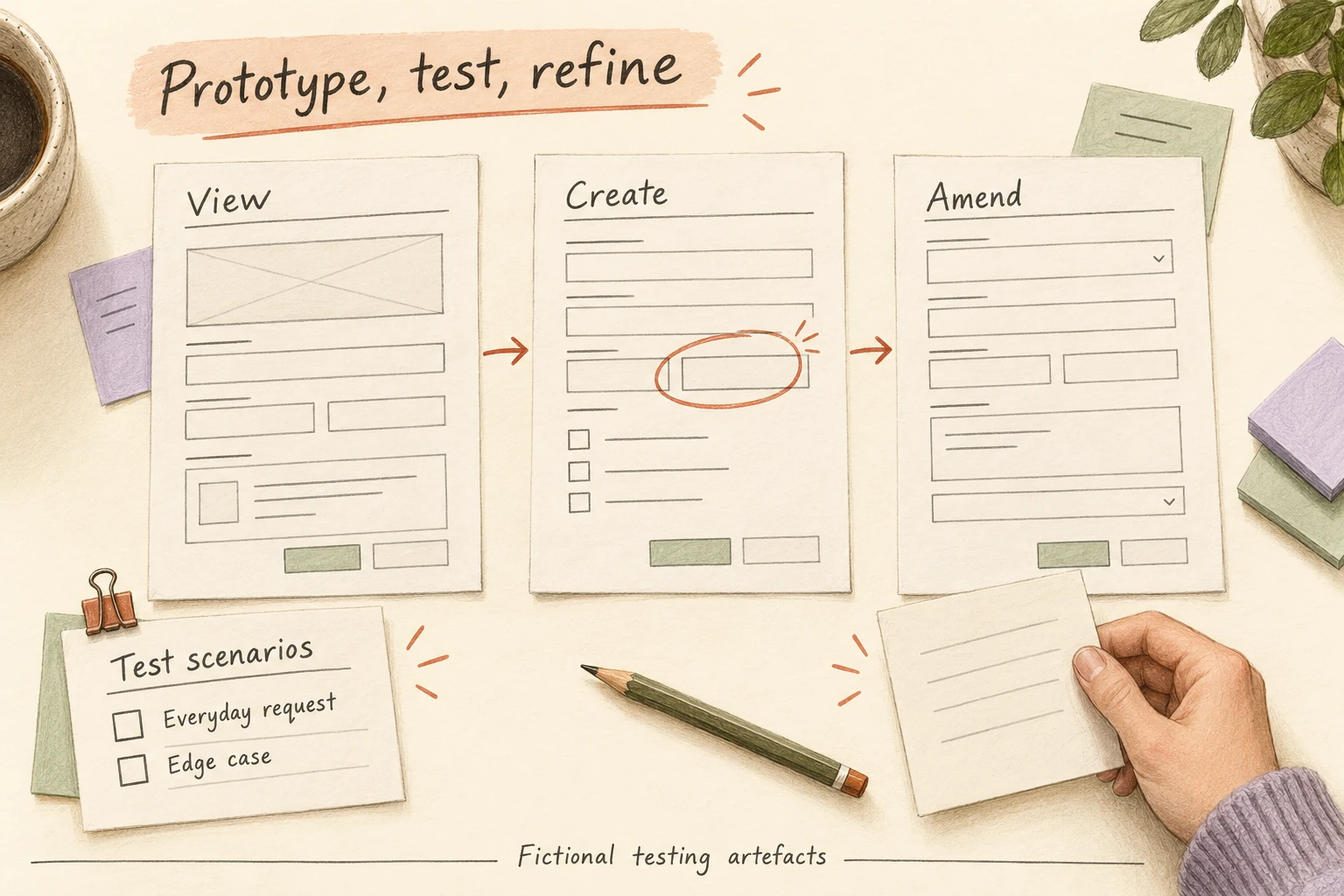 Fictional low-fidelity View, Create and Amend prototype cards, test scenarios and refinement notes