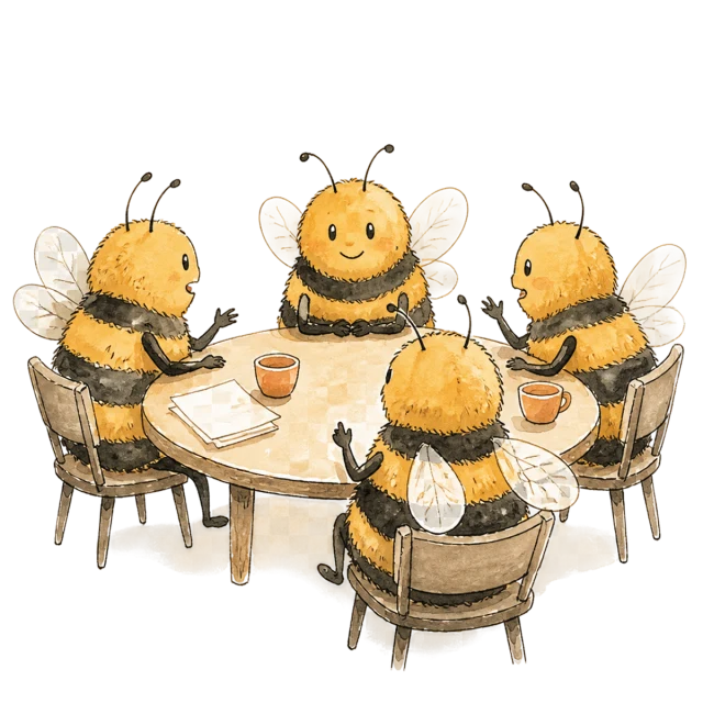 Bees discussing their work around a table
