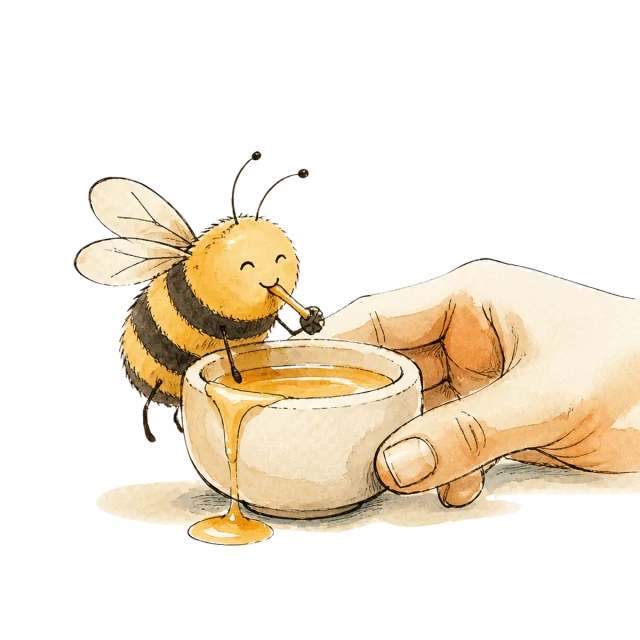 A bee and a person sharing honey