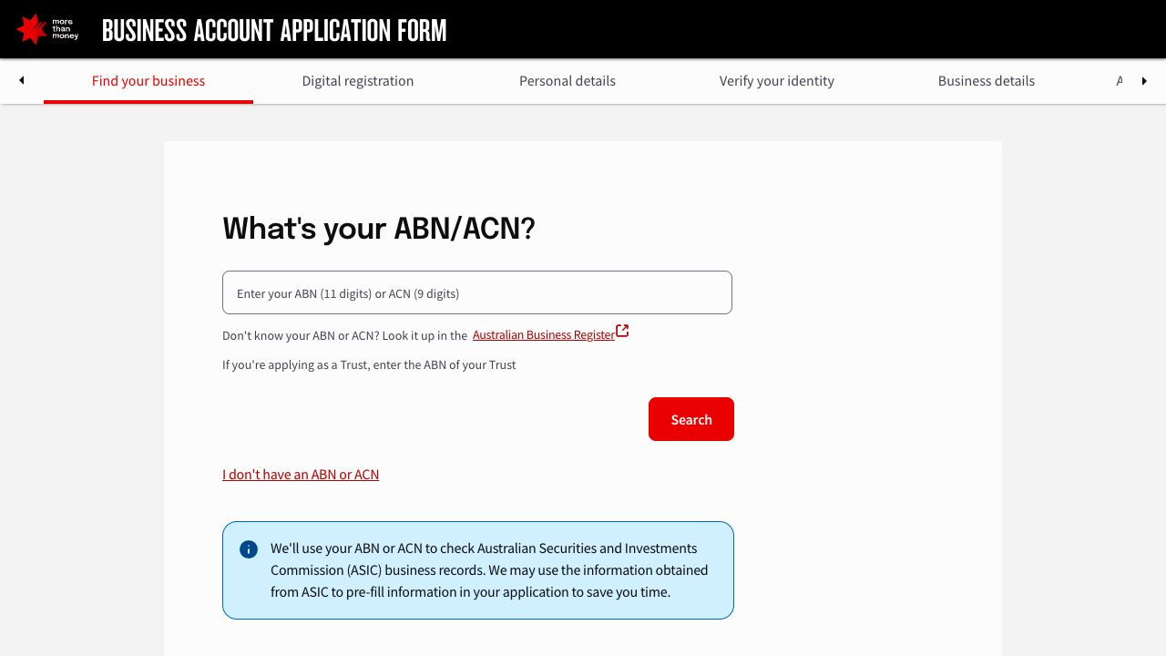 Empty live business lookup form with an ABN or ACN field, a no-identifier link and a prefill explanation.