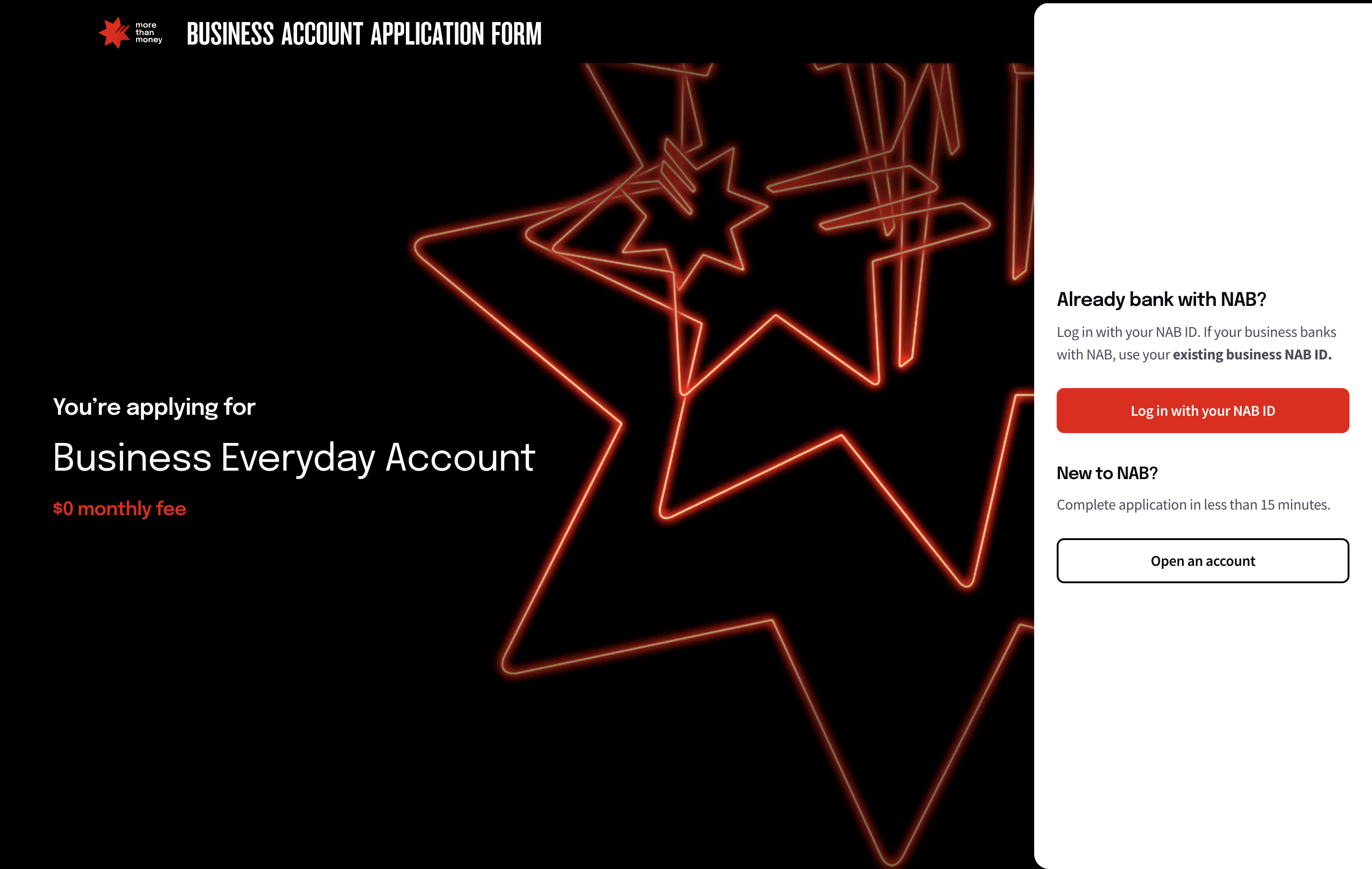 Live NAB application entry with existing business customer login and a separate new-customer route.