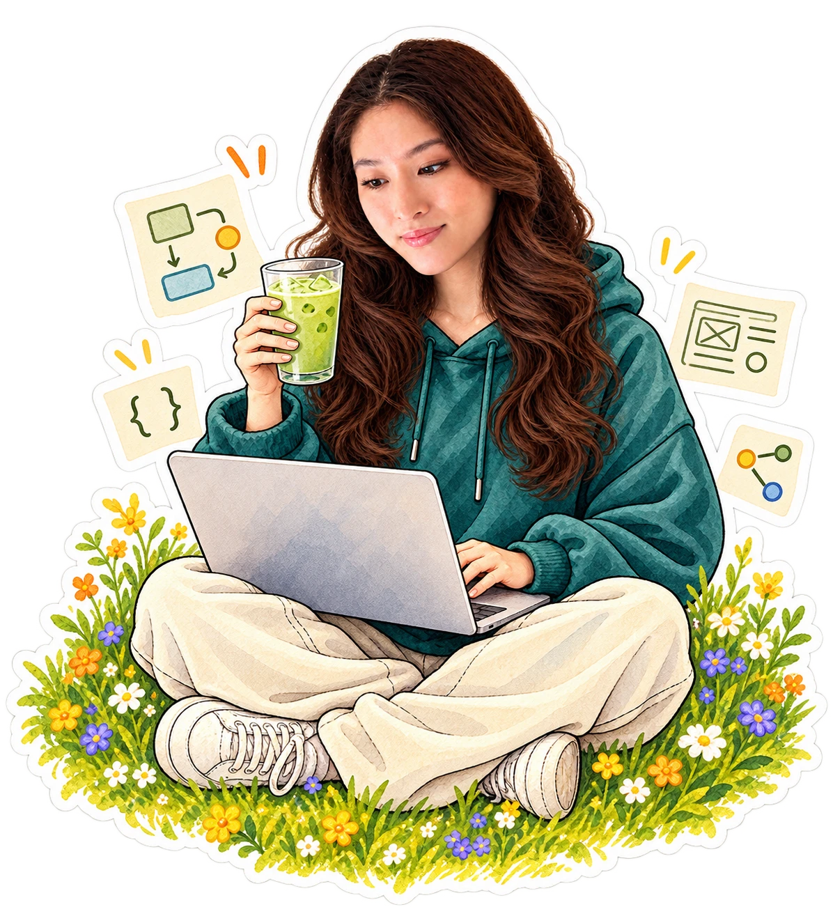 Kim building at her laptop with matcha.