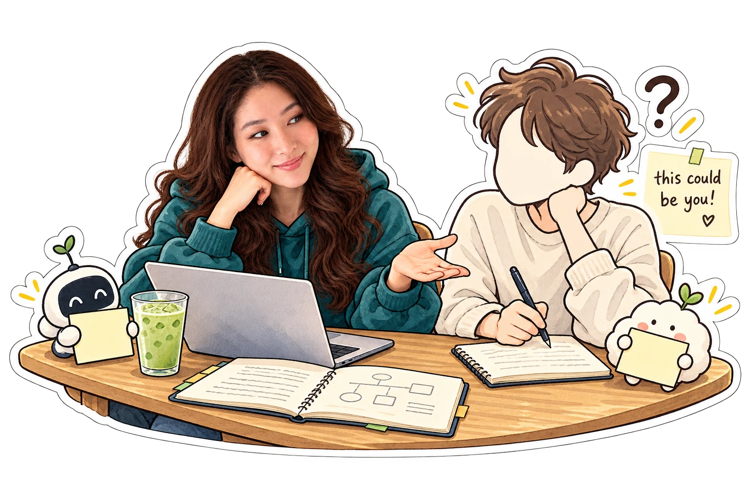 Kim at a shared table with a blank anime-inspired teammate, a note saying this could be you, and small agent helpers.