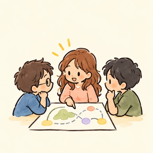 Illustrated team working around a shared plan