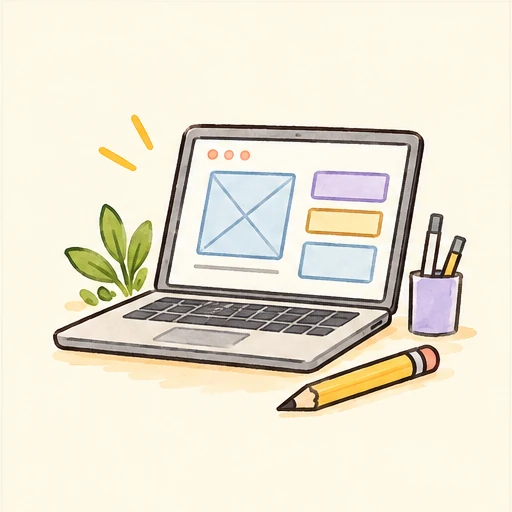 Illustrated laptop with a product wireframe